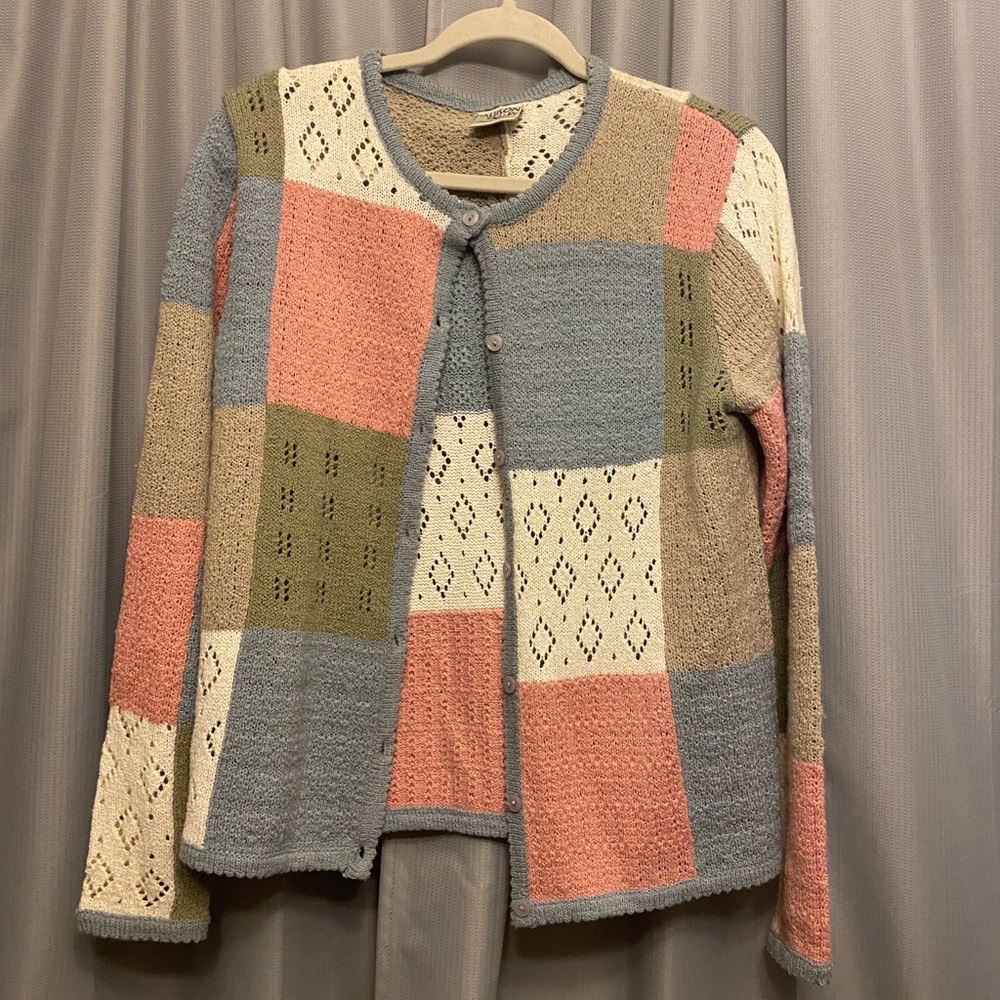 Vtg Allison Daley Crocheted Patchwork Cottagecore Cardigan Sweater Office S